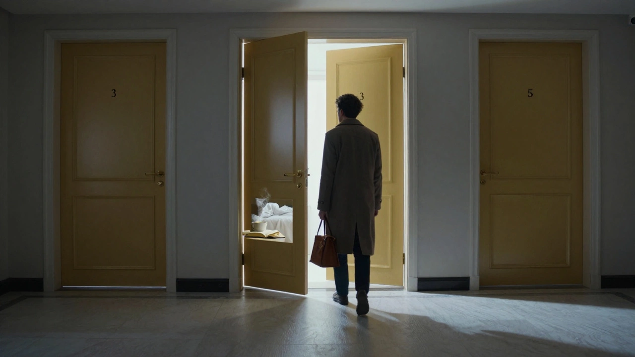 A solitary figure walks through an empty luxury hotel corridor at dawn, hinting at unseen moments of connection.