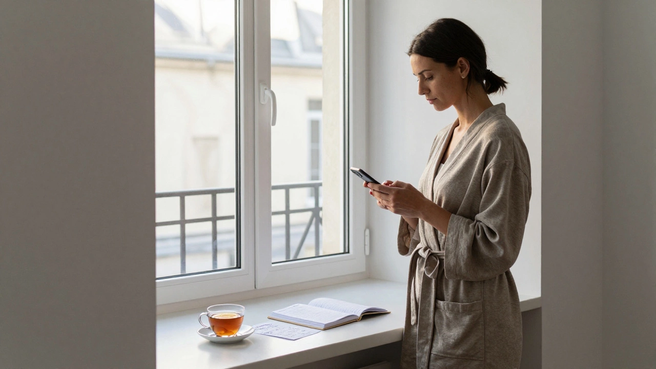 A woman reviews messages in her Le Marais apartment at sunrise, tea beside a handwritten planner.