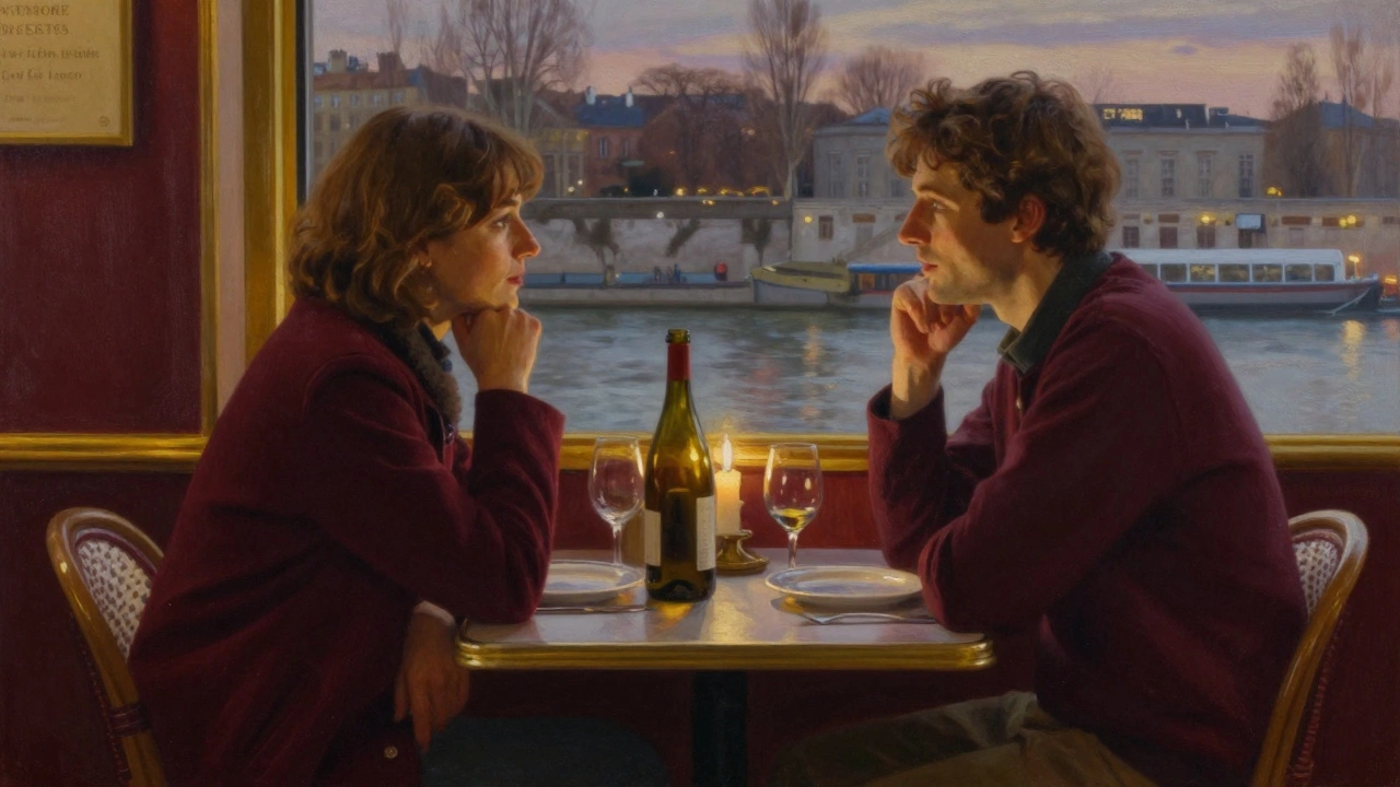 Two people share a quiet dinner in a Paris bistro, candlelight illuminating thoughtful conversation.